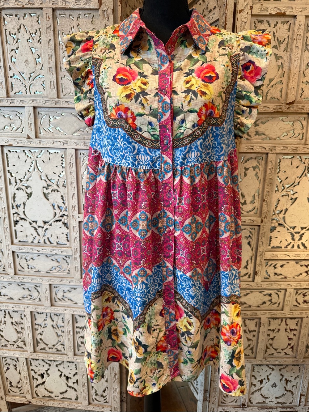 Umgee Floral Patchwork Mini Dress in Pink, Blue & Cream